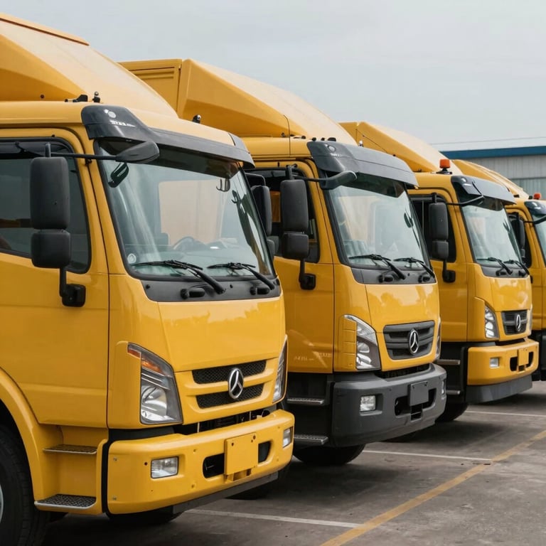 A fleet of Malabanan service trucks in bold service yellow parked in a neat row.