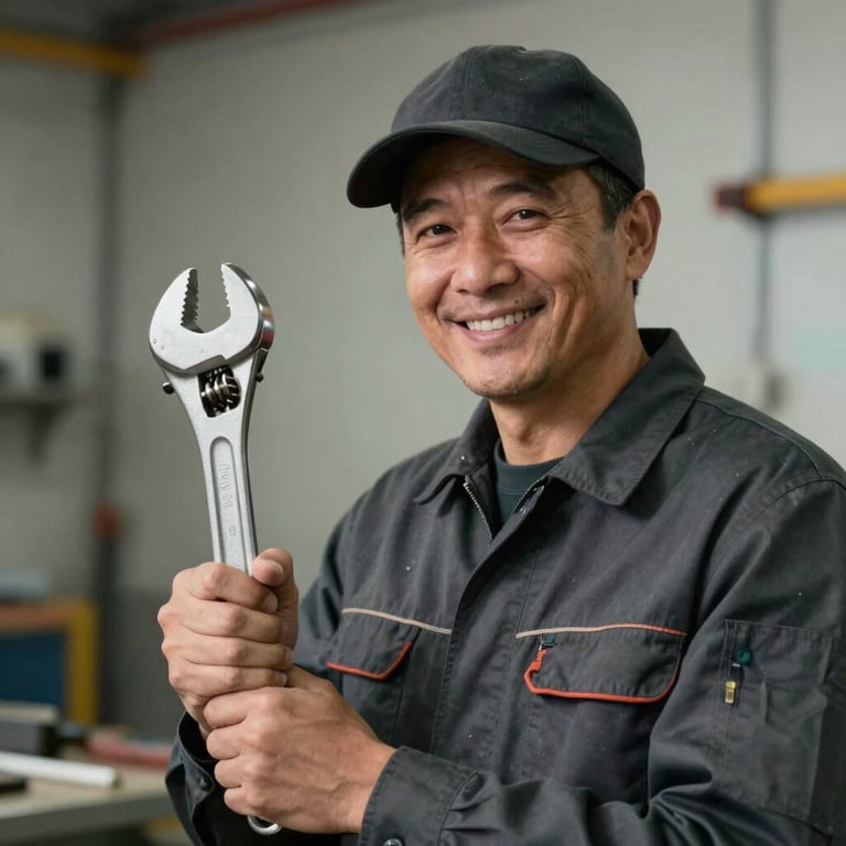 A technician in a dark charcoal uniform smiling while holding a professional plumbing wrench.