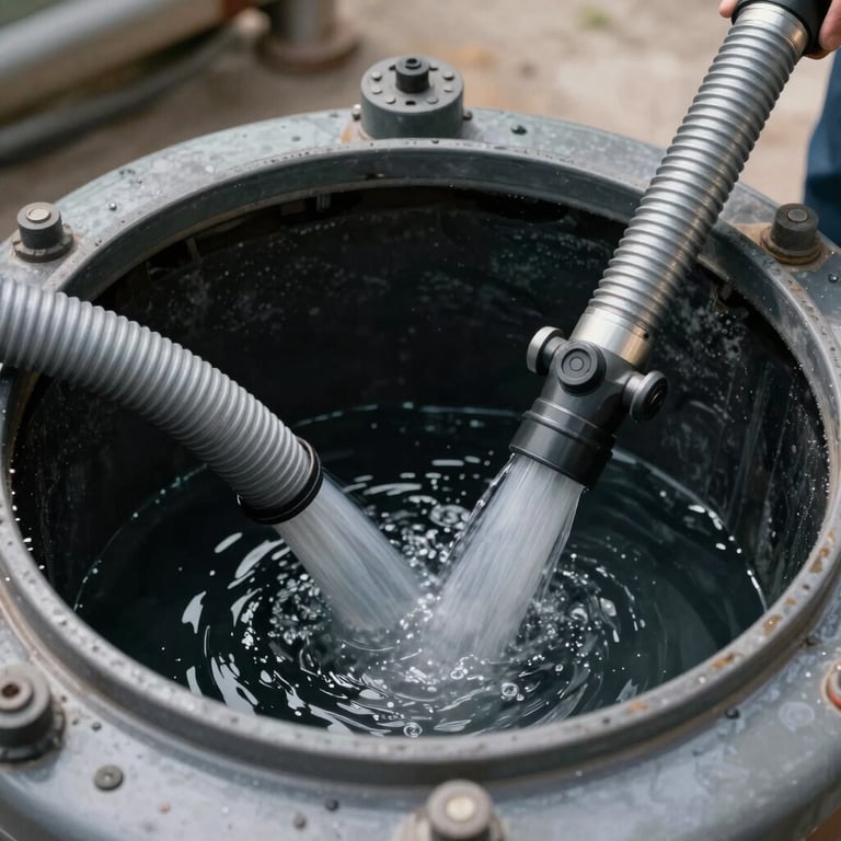 Detailed view of a septic tank being professionally cleaned with modern siphoning hoses.