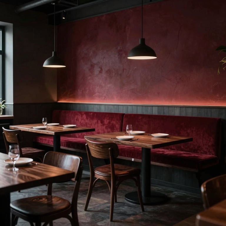 A moody, Scandinavian-style restaurant interior with low lighting, Dark Professional wood furniture, and Deep Ripe Crimson accents. North American / Western European setting.