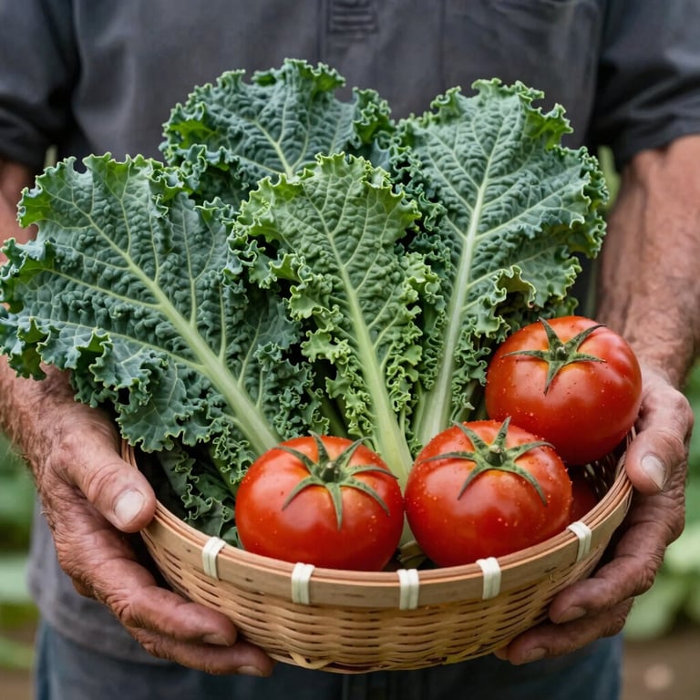 A close-up of a farmer’s weathered hands holding a basket of vibrant, Matte Forest Green kale and bright red heirloom tomatoes.
