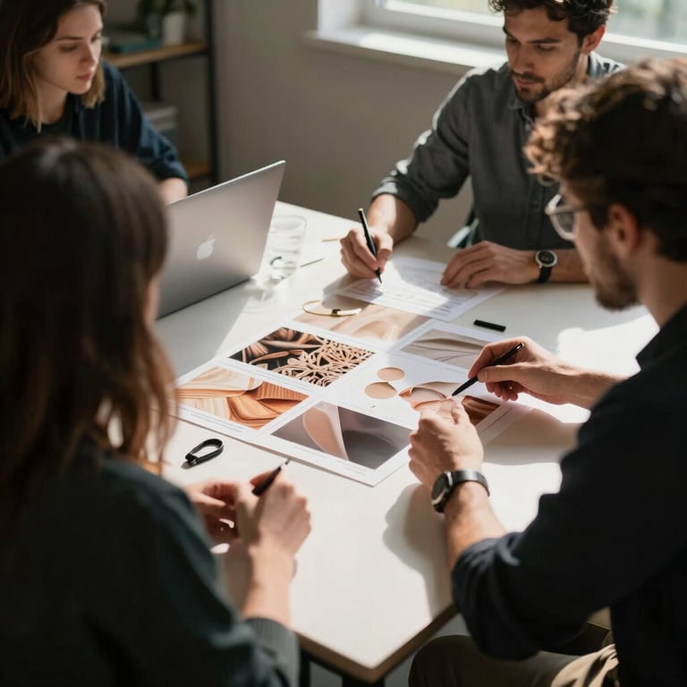 A behind-the-scenes shot of an agency meeting in a sunlit room, with team members discussing a brand mood board featuring food textures.