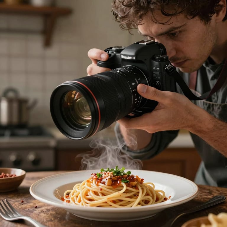 A photographer focusing a lens on a steaming plate of pasta in a rustic kitchen setting, North American / Western European style.