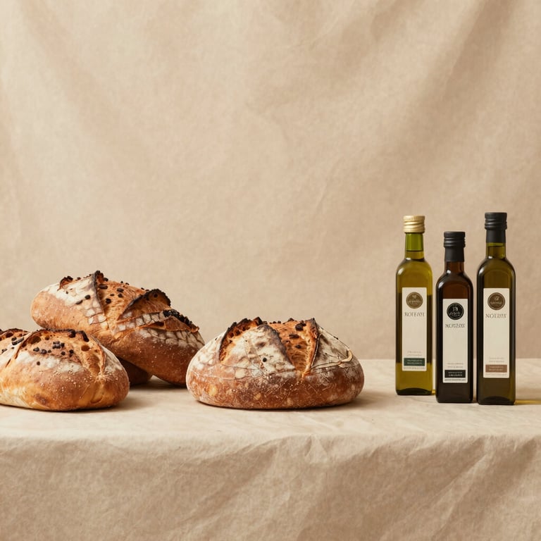 A clean, minimalist shot of a modern food market stall with artisanal bread and handcrafted oils on a Crisp Parchment background.