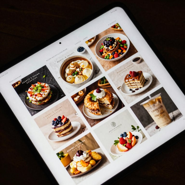 A top-down view of an iPad showing a vibrant social media feed filled with high-quality food photography and artisanal branding.