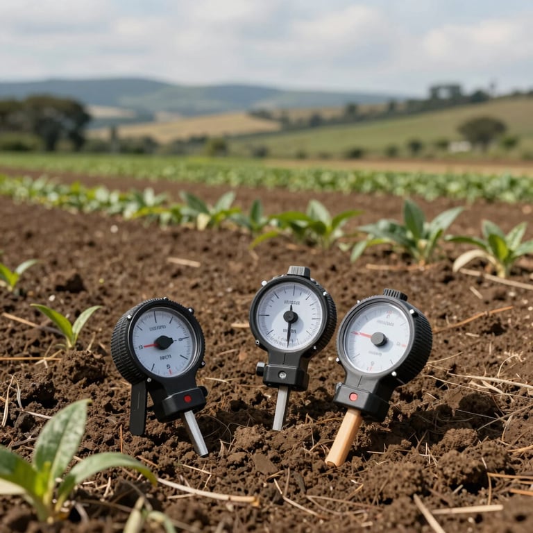Wide shot of an agricultural landscape in Latin America with professional soil measuring instruments in the foreground, daylight.