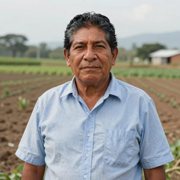 Portrait of a Latin American community leader in a professional rural setting, soft focus background of a structured farm field.