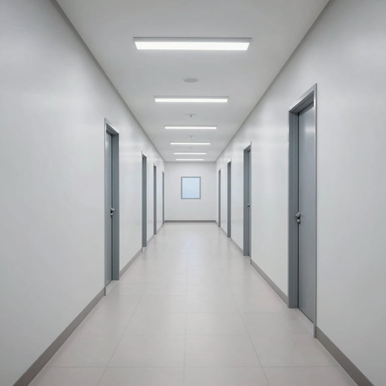 Photography of a modern research facility hallway in Latin America, clean lines, bright architectural lighting in white and light gray.