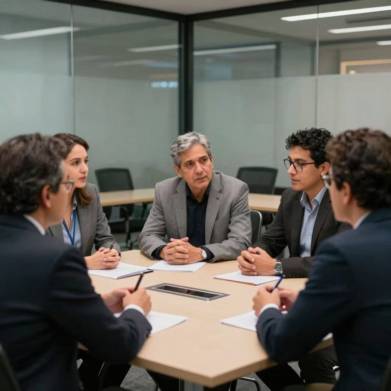 A group of academics in a focused discussion around a table in a glass-walled conference room, Latin American metropolitan context.