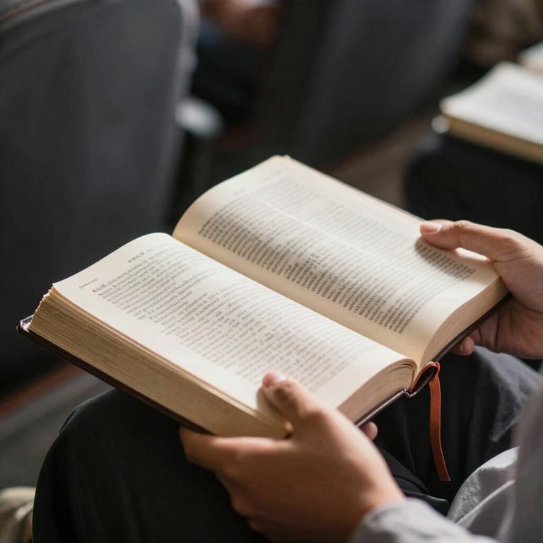 Close-up of a Southeast Asian / Indonesian student's hands holding an open Bible during a morning devotion, soft morning light.