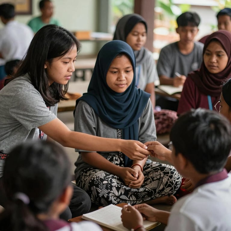 Theology students in a Southeast Asian / Indonesian community engagement program, interacting with locals with kindness and service.