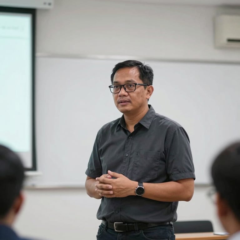 A Southeast Asian / Indonesian lecturer leading a seminar with integrity in a clean, modern classroom with soft white walls.