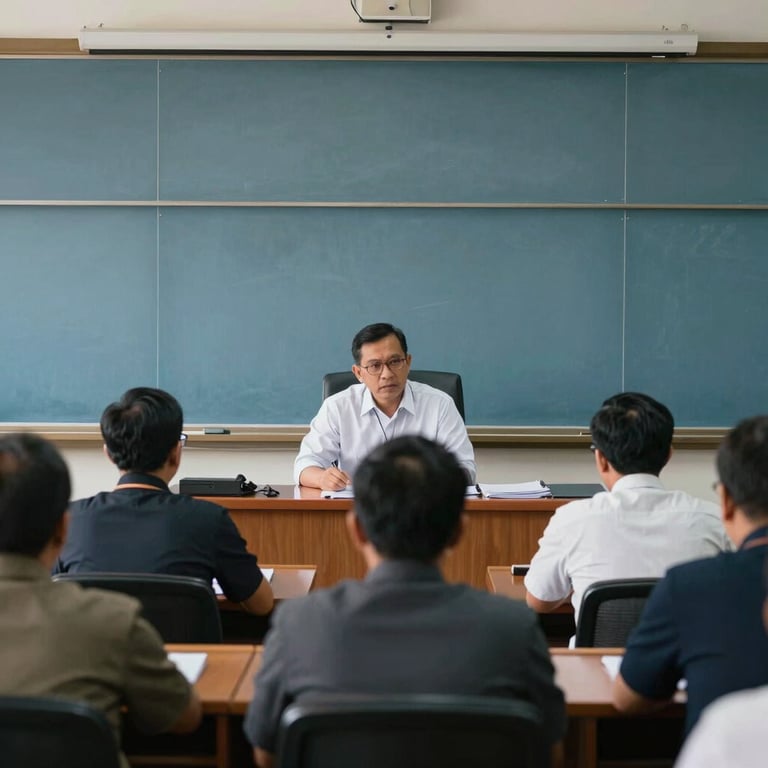 A professional faculty meeting of Southeast Asian / Indonesian theological scholars in a slate blue decorated boardroom.