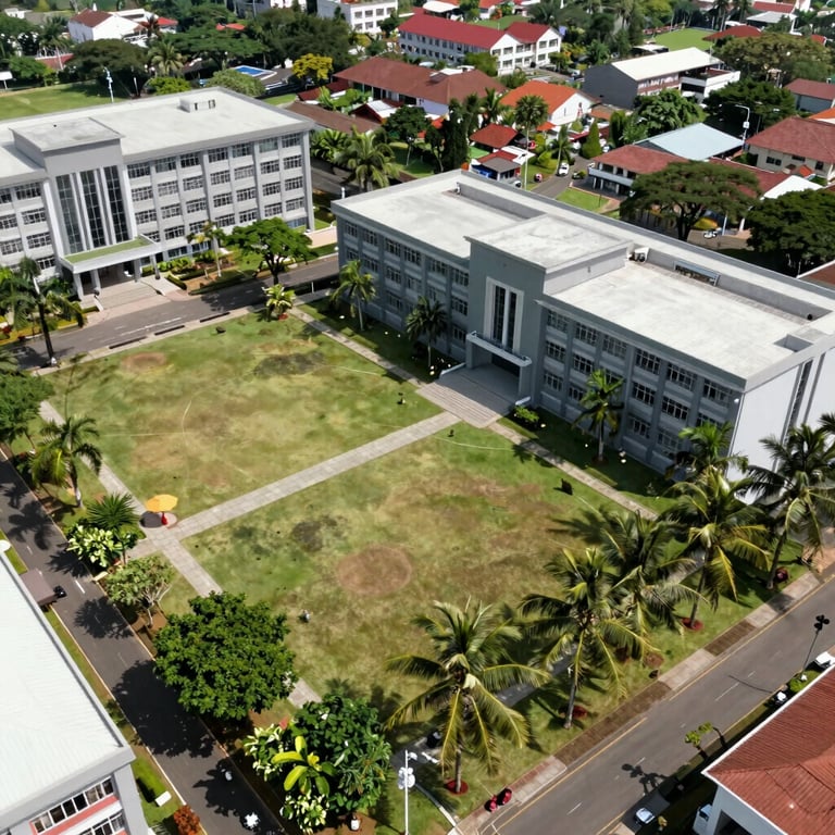 Aerial view of the STTII Samarinda campus grounds, clean and well-maintained environment under the tropical sun.