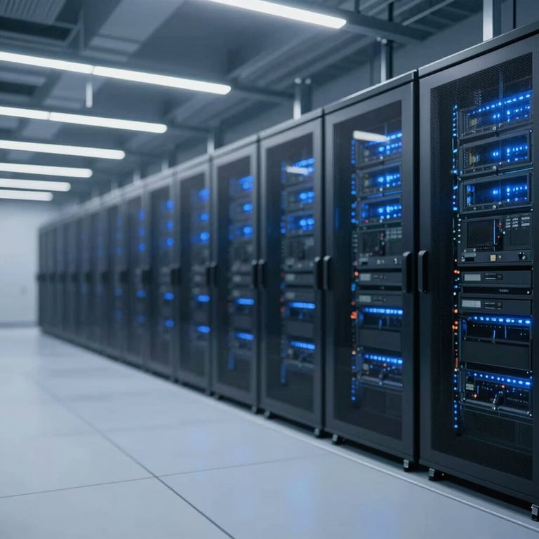 A wide shot of a modern data center with blue LED lighting, representing security and robust infrastructure for SAP HANA environments.