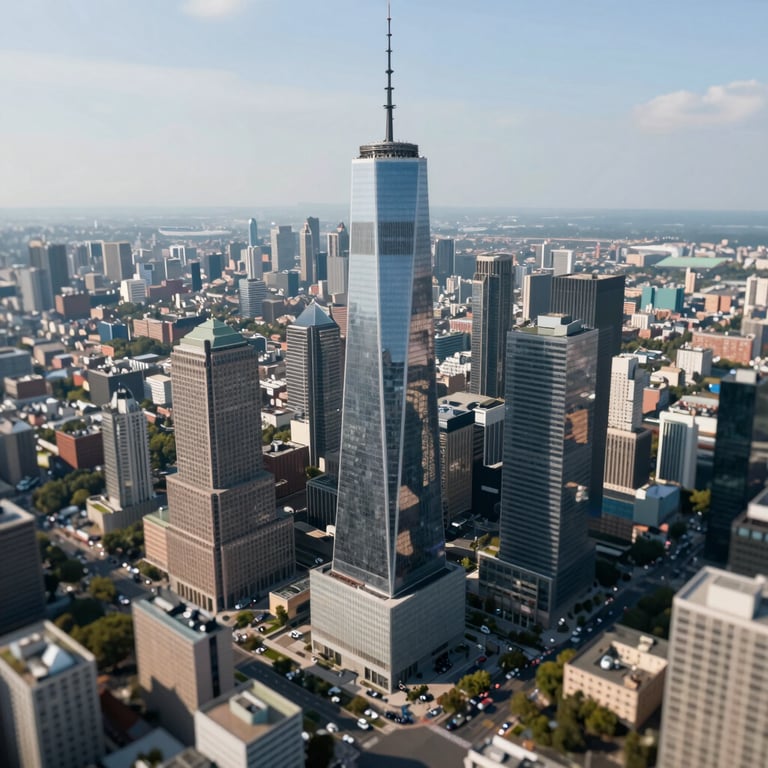 A bird's eye view of a modern city business district, symbolizing the scale and impact of digital transformation for global companies.