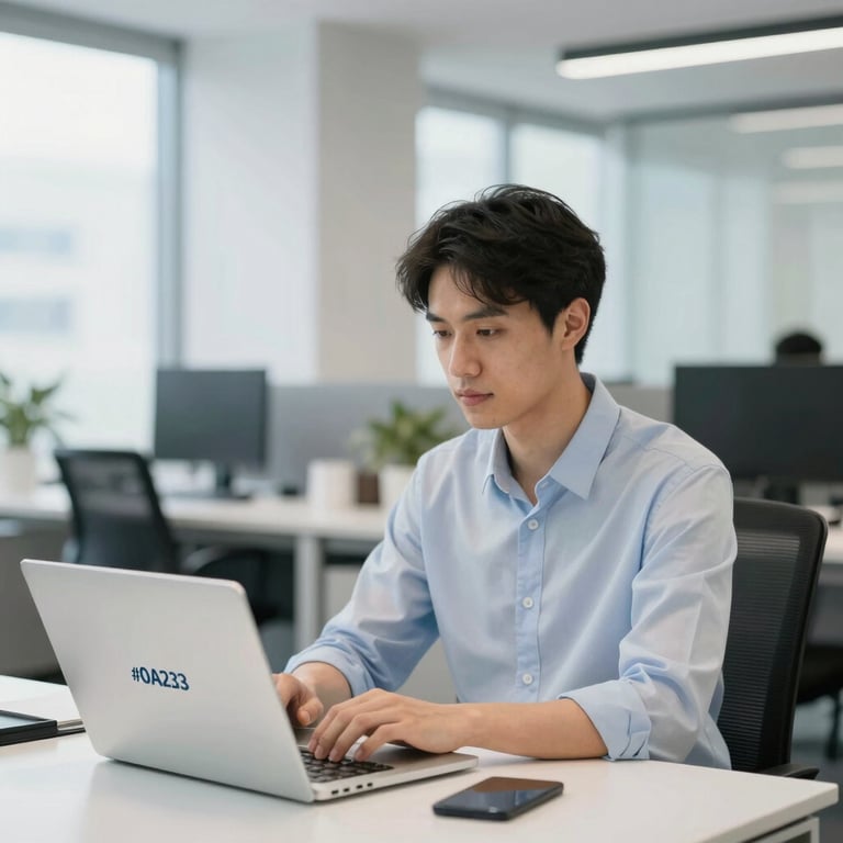 A focused professional working on a laptop in a bright, modern office space with corporate branding in #0A2239.