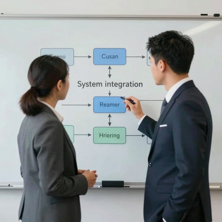 Two professionals in business attire collaborating in front of a digital whiteboard displaying a workflow diagram for system integration.