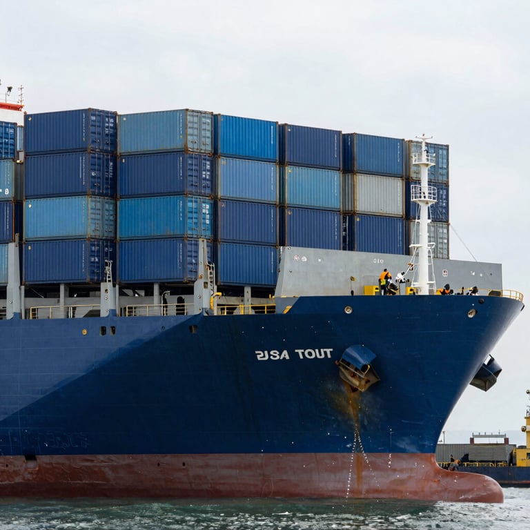 A large cargo ship being loaded at a major Indian port with containers in shades of deep blue and mid blue.