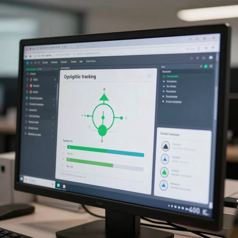 Close-up of a high-tech logistics tracking interface on a computer screen in a professional office.