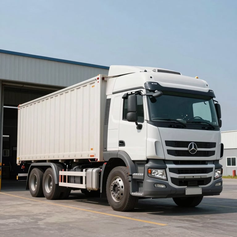 A heavy-duty cargo truck parked at a modern loading dock during a clear day, illustrating industrial reliability.