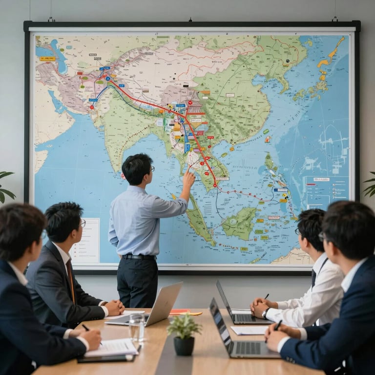 A professional team meeting in a logistics hub, discussing routes on a large wall-mounted map of South Asia.