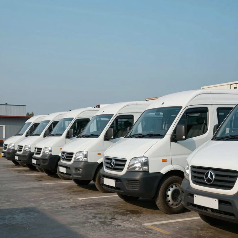 A fleet of modern logistics vans parked neatly in a row at a South Asian distribution center, under a clear blue sky.