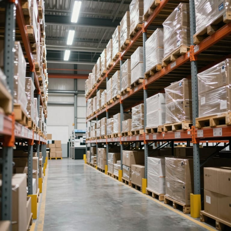 A warehouse interior showing organized shelving and efficient inventory management in a bright, modern setting.