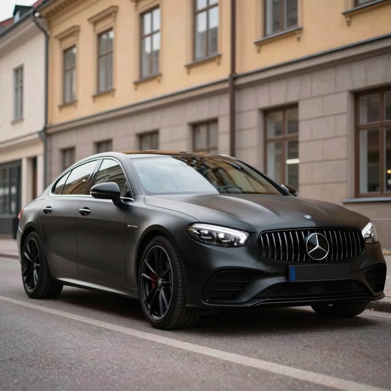 A luxury car with a full matte black wrap parked in an urban Northern European setting.