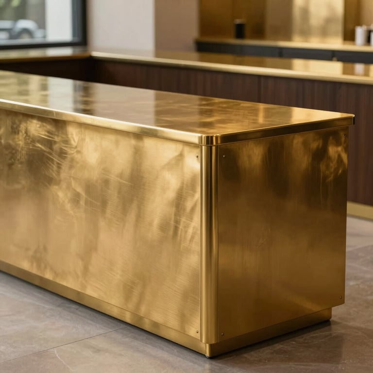 A large business reception desk wrapped in a brushed brass metallic finish.