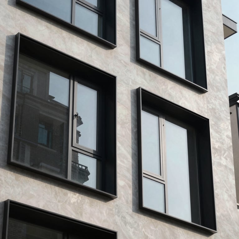 Sleek black window frames on a modern residential building, showing a high-contrast transformation.