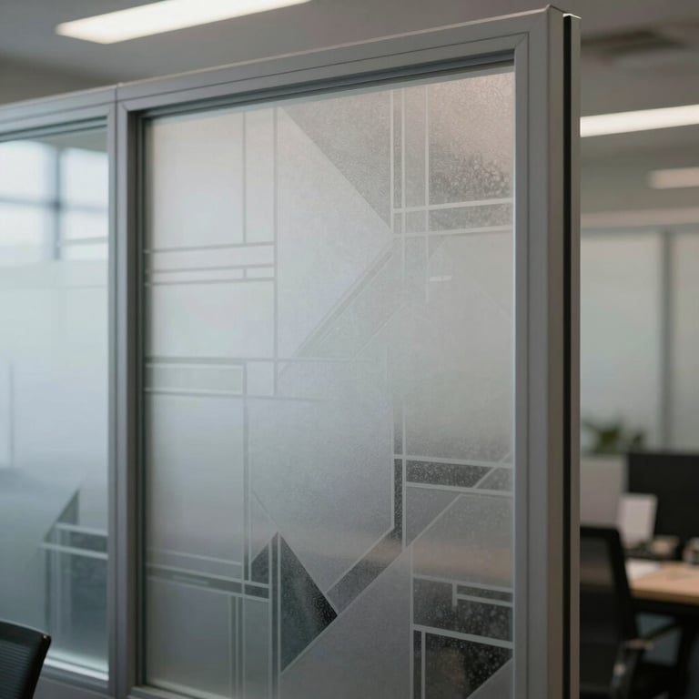 Frosted privacy film with a custom geometric pattern on glass office partitions.