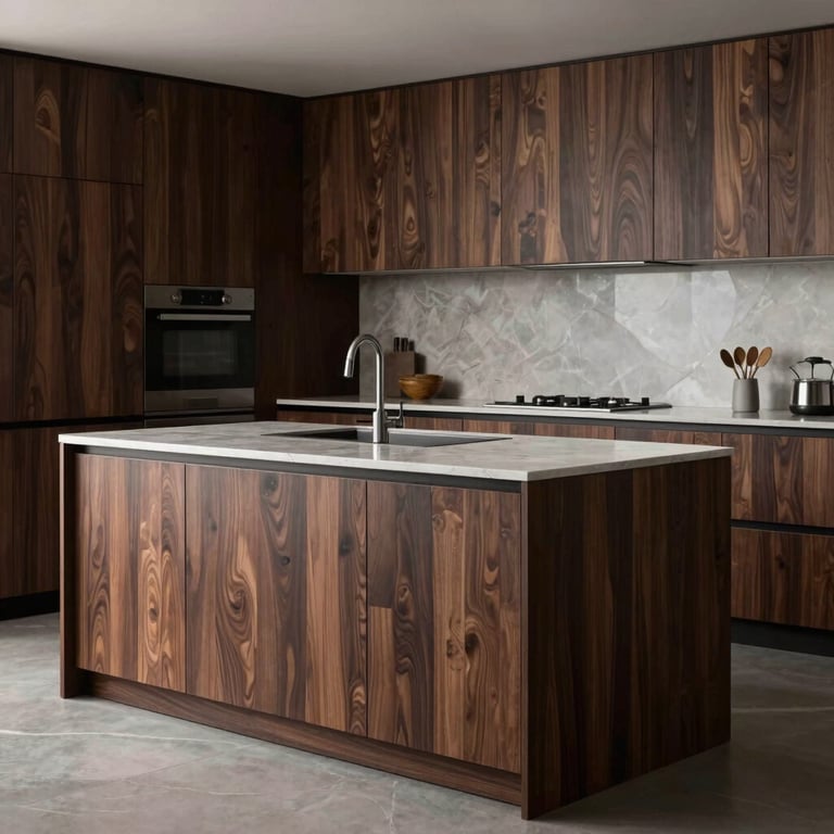 A minimalist Dutch kitchen with island wrapped in a dark walnut wood-textured foil.