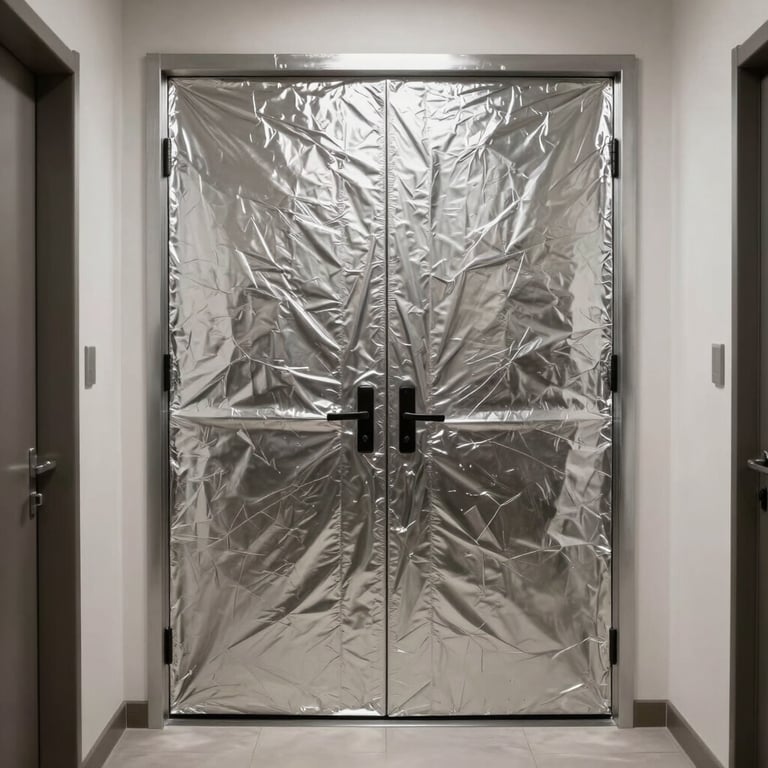 Interior doors wrapped in a premium concrete-look foil in a bright hallway.
