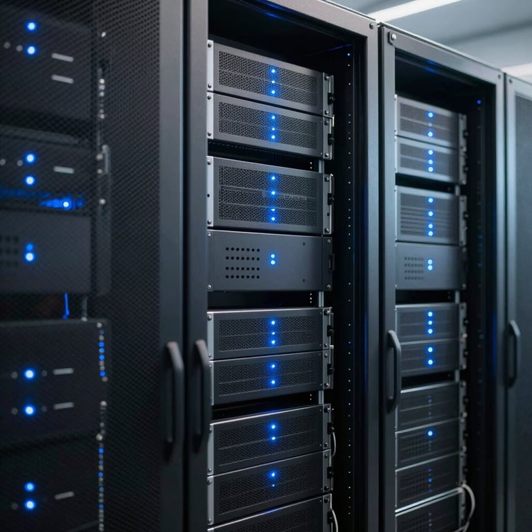 A clean, organized server room with soft blue indicator lights on racks, representing secure cloud integration and infrastructure.