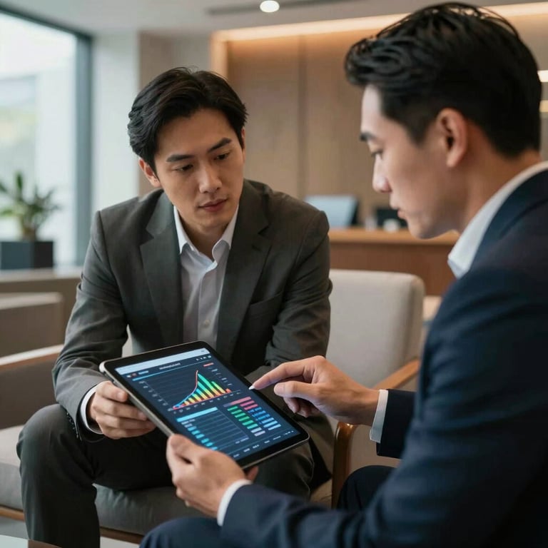 Two colleagues in a professional setting reviewing software performance charts on a tablet in a sophisticated office lounge.