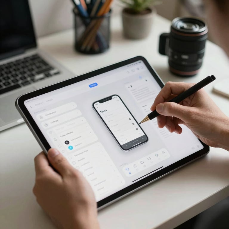 A UI/UX designer working on a tablet, sketching out a user-friendly mobile interface in a sunlit North American studio environment.