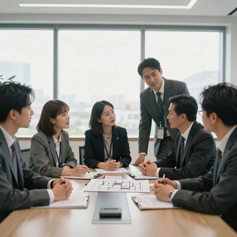 A group of professionals in a bright, modern North American conference room discussing project architecture. Natural light and clean lines.