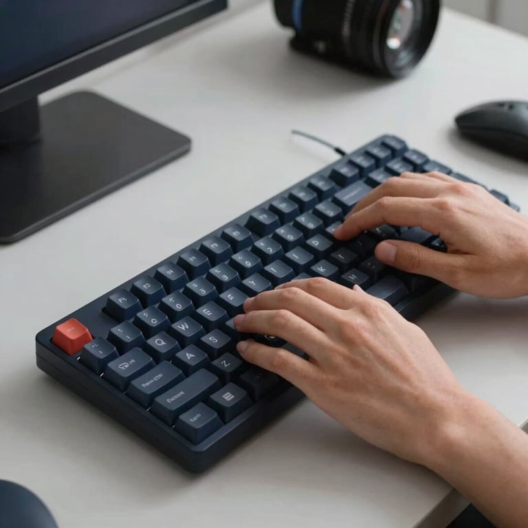 Close-up of hands typing on a high-end mechanical keyboard with a minimalist workspace setup in a dark navy and light grey office.