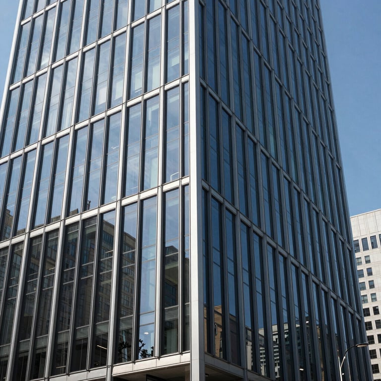 A sleek, modern office building exterior with glass walls reflecting a blue sky in a prominent US tech hub during a clear day.