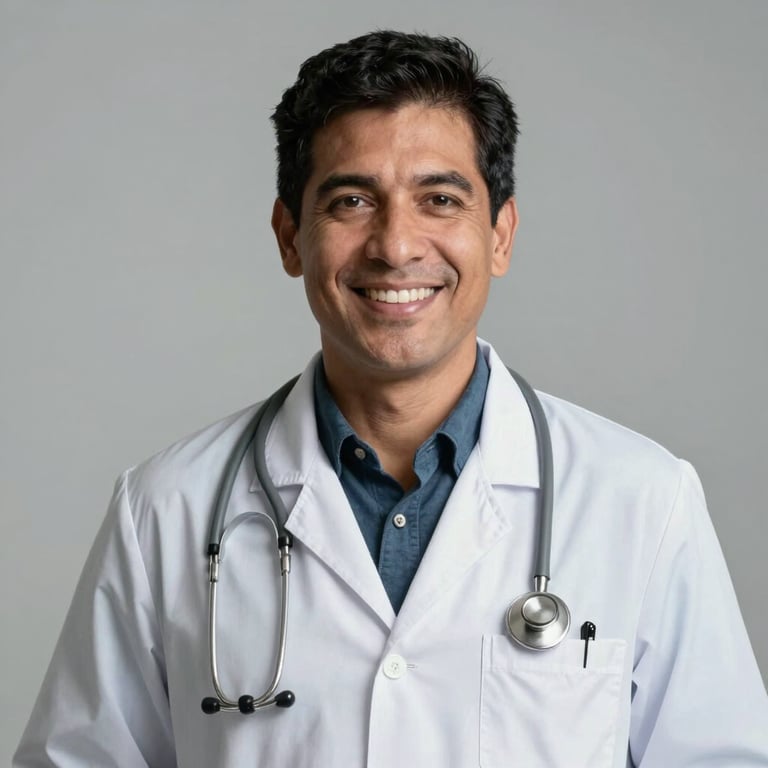 A friendly South American male doctor in a white coat smiling confidently against a soft light gray background.