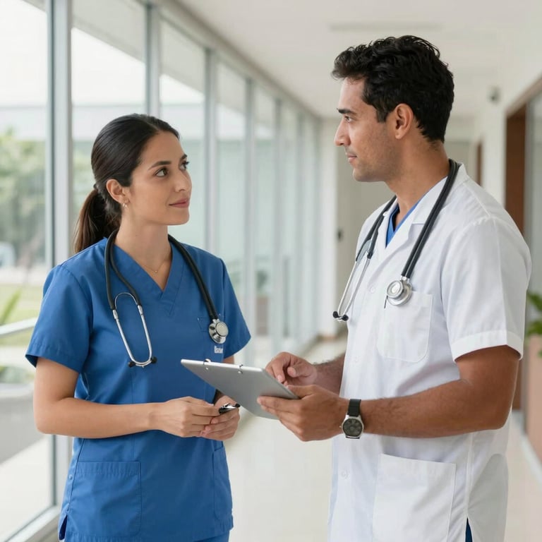 Two Colombian healthcare professionals collaborating in a bright, airy hallway with glass walls and professional attire.
