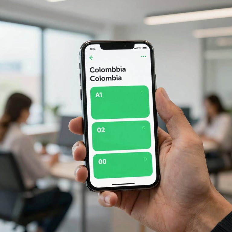 A close-up of a hand holding a smartphone showing a clean health app interface with vibrant green buttons in a bright Colombian office.