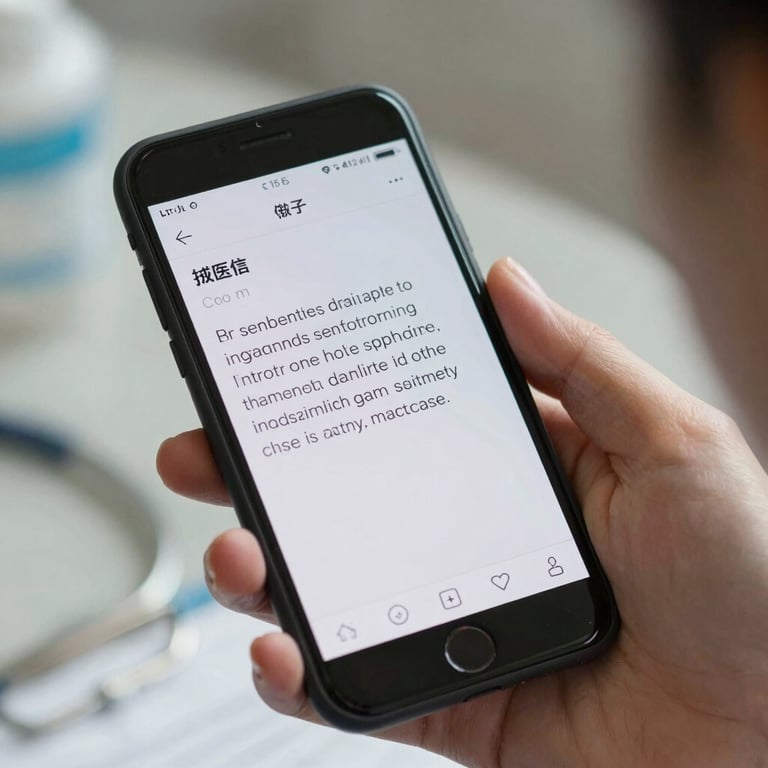 A serene close-up of a medical consultation through a mobile screen, highlighting clear text and a human touch.