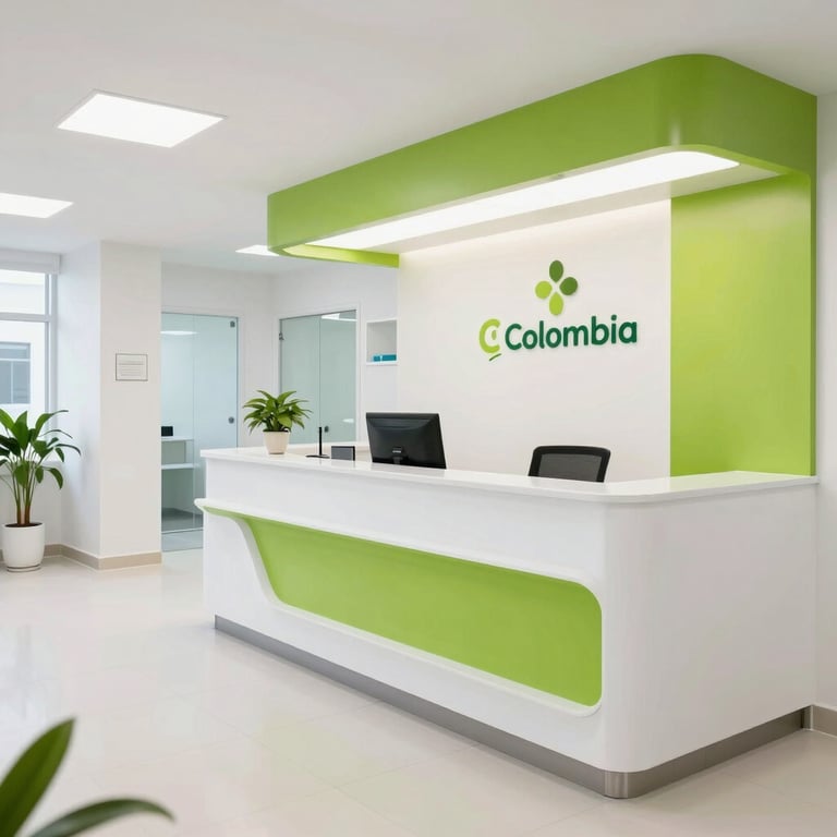 A wide shot of a bright, modern Colombian medical clinic reception area with white furniture and vibrant green accents.