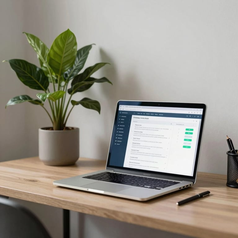 A minimalist home office setup in Colombia with a laptop displaying a clean medical dashboard and a vibrant green plant nearby.