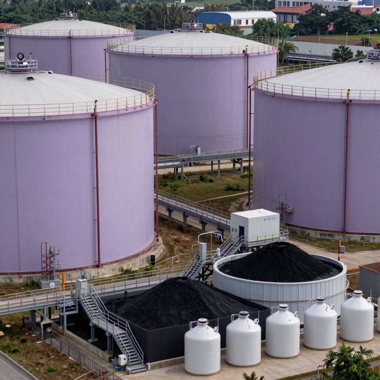 Large scale storage facility for mining acids and diluents, organized industrial environment, pale lavender and grey palette.