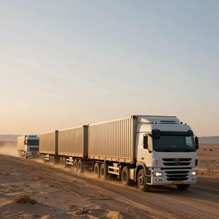 A long convoy of logistics trucks moving across a vast desert horizon under the late afternoon sun, conveying scale and reliability.
