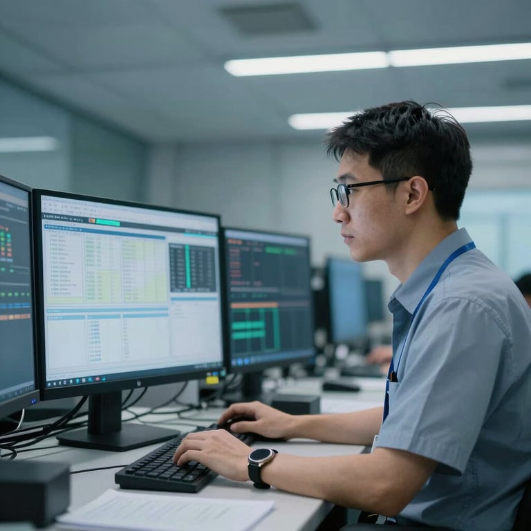 Logistics coordinator monitoring digital tracking screens in a high-tech operations center, soft blue lighting, professional attire.