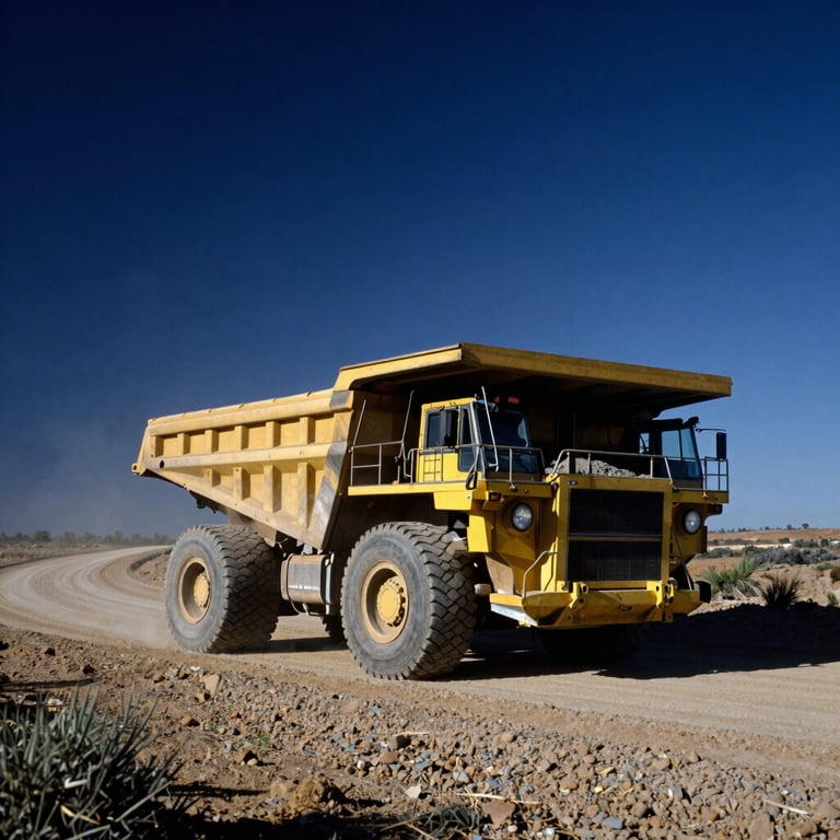 A large mining truck hauling ore on a winding dirt road under a deep navy blue sky, mid-day light, professional photography.